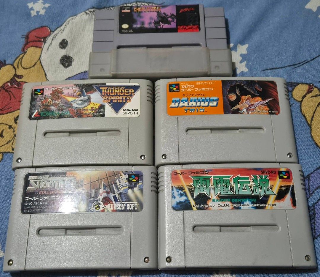 Super Nintendo SNES Game Cartridges Bundle (Category: Nintendo) located in Quezon City. Submitted by micumouse (Listing ID 1449757949, Image 1). Description: For Sale: Snes / SFC Shmups CONDITION: 2nd hand, Tested Working DESCRIPTION: Lahat ay working PRICE Choplifter III= 1400 Raiden Densetsus = 1000 Thunder Spirits = [Sold] Shooting collection = 900 Darius Twin = 800 Bundle Price: 3500 Warranty: 24 hr testing warranty Contact No. 09228070037 Me