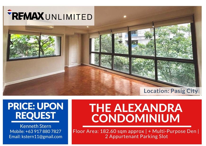 The Alexandra Condominiums (Category: Apartments & Condos) located in Makati City. Submitted by REMAXUNLIMITEDPH (Listing ID 1449755360, Image 1). Description: The Alexandra Condominiums Floor Area: 182.60 sqm Parking: 2 Appurtenant Parking Slots Experience refined condominium living in this exceptional residence at The Alexandra Condominiums, one of Ortigas Center’s most established and sought-after residential communities. Nestled within Alexan