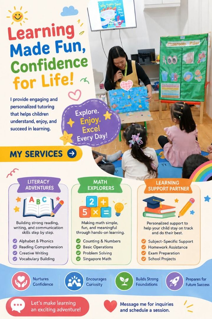 Tutoring Service (Category: Education & Training) located in Pasig City. Submitted by teacherdianna (Listing ID 1449897967, Image 1). Description: Small Steps, Big Success Hi! I'm Teacher Dianna. I am an experienced educator providing one-on-one tutoring for children ages 3 –15 years old. Since 2016, I have been helping young learners build confidence and develop strong foundations in: 📖 Reading ✍️ Writing 🔤 Phonics ➕ Mathematics 🗣️ English Co