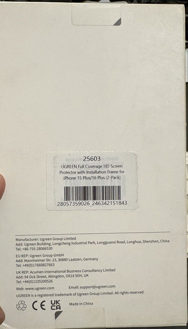 UGREEN Full Coverage HD Screen Protector for iPhone 15 Plus/16 Plus (Category: Other Mobile & Gadget Accessories) located in Quezon City. Submitted by zimmermanj (Listing ID 1449767435, Image 2). Description: - 2-pack UGREEN Full Coverage HD Screen Protectors - Designed for iPhone 15 Plus and 16 Plus - Includes easy installation frame for hassle-free application - Provides reliable screen protection with high clarity.