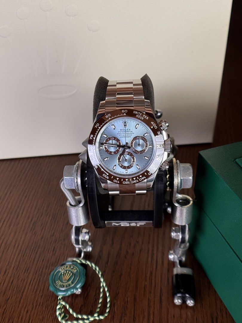 [Unworn Full Set] Rolex Platinum Daytona Platona Ice Blue Stick Dial Ref. 116506 (Category: Watches) located in Singapore. Submitted by watch.estate (Listing ID 1449922608, Image 3). Description: *Highly collectible Rolex discontinued Platona* Condition 10/10 Unworn. - One of the most popular Daytonas - Discontinued brown bezel platinum Daytona - Super heavyweight - 40mm - Year 2020 - Full set Super collectible model. Authenticity guaranteed and 