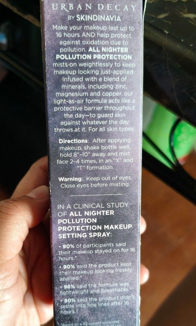 Urban Decay All nighter defense makeup setting spray (Category: Makeup) located in Valenzuela. Submitted by daisy.beautyshop (Listing ID 1449793000, Image 2). Description: Used two times only (like new) Original Full size Lalamove, LBC Gcash payment What you see is what you get No Return No Exchange No Refund The shipping fee will be shouldered by the buyer..