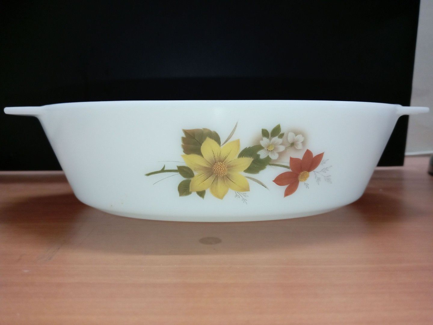 Vintage JAJ Pyrex White Oval Baking Dish with Floral Design
