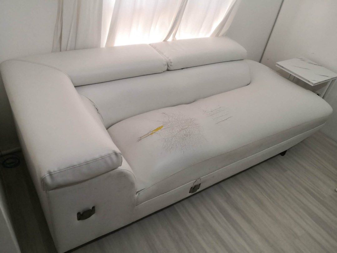 White Chaise Lounge Sofa with Faux Leather (Category: Sofas) located in Paranaque City. Submitted by innersmile (Listing ID 1449895597, Image 3). Description: - White chaise lounge sofa - Faux leather material - Still has plenty of life left - Ideal for living room or den - Sold as is Just needs upholster super lambot. Bought this at 25k Rfs decluttering .
