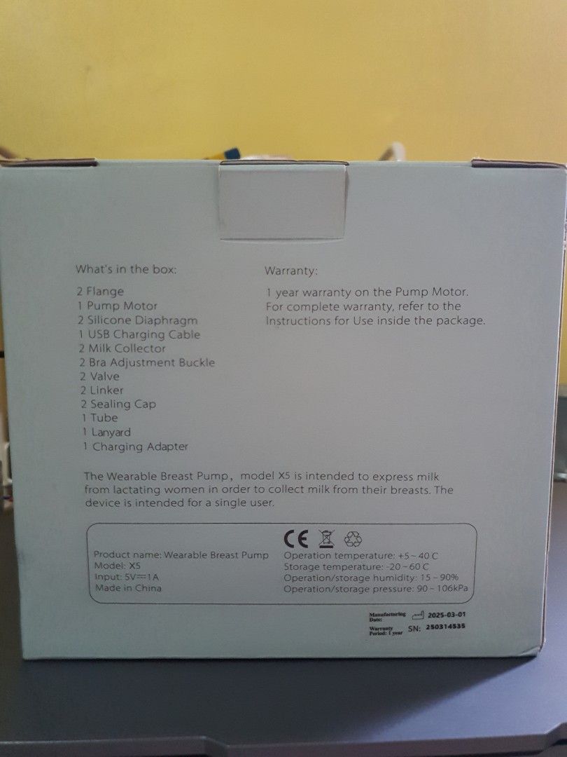 X5 Flow Wearable Breast Pump (Category: Breastfeeding & Bottle Feeding) located in Manila. Submitted by zeyon360 (Listing ID 1449925112, Image 3). Description: -never been used. nawalan na ng milk si mother before pansiya nagamit. opened only for testing. - X5 Flow wearable breast pump - Includes all parts shown: flange, motor, tubes, charging adapter - Ideal for on-the-go pumping - User-friendly and easy to clean.