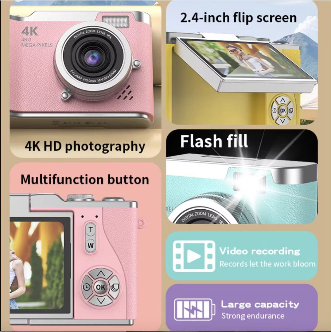 4K HD Digital Camera with Flip Screen and 8x Zoom (Category: Cameras) located in Quezon City. Submitted by paosells (Listing ID 1450018865, Image 2). Description: - Capture stunning memories in 4K HD resolution. - 2.4-inch flip screen perfect for selfies and vlogging. - Electronic anti-shake feature for clear, steady shots. - Built-in flash fill for better lighting. - Supports video recording. - Large capacity battery for extended use. - Simple a