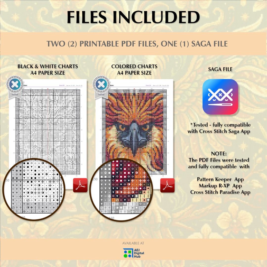 Agila / Philippine Eagle (Cross Stitch Pattern) - Pinoy Concepts Collection (Category: Art & Prints) located in Imus. Submitted by aejdigitalhub (Listing ID 1450099711, Image 3). Description: Product Details: 🛒 Product ID: XS-202602 📁 Format: .pdf (Portable Document Format) 💾 Tracker App Compatibility: Pattern Keeper, Markup R-XP, Cross Stitch Paradise, Cross Stitch Saga ⏬ Availability: Instant digital download (no physical item) 📏 Print Dime