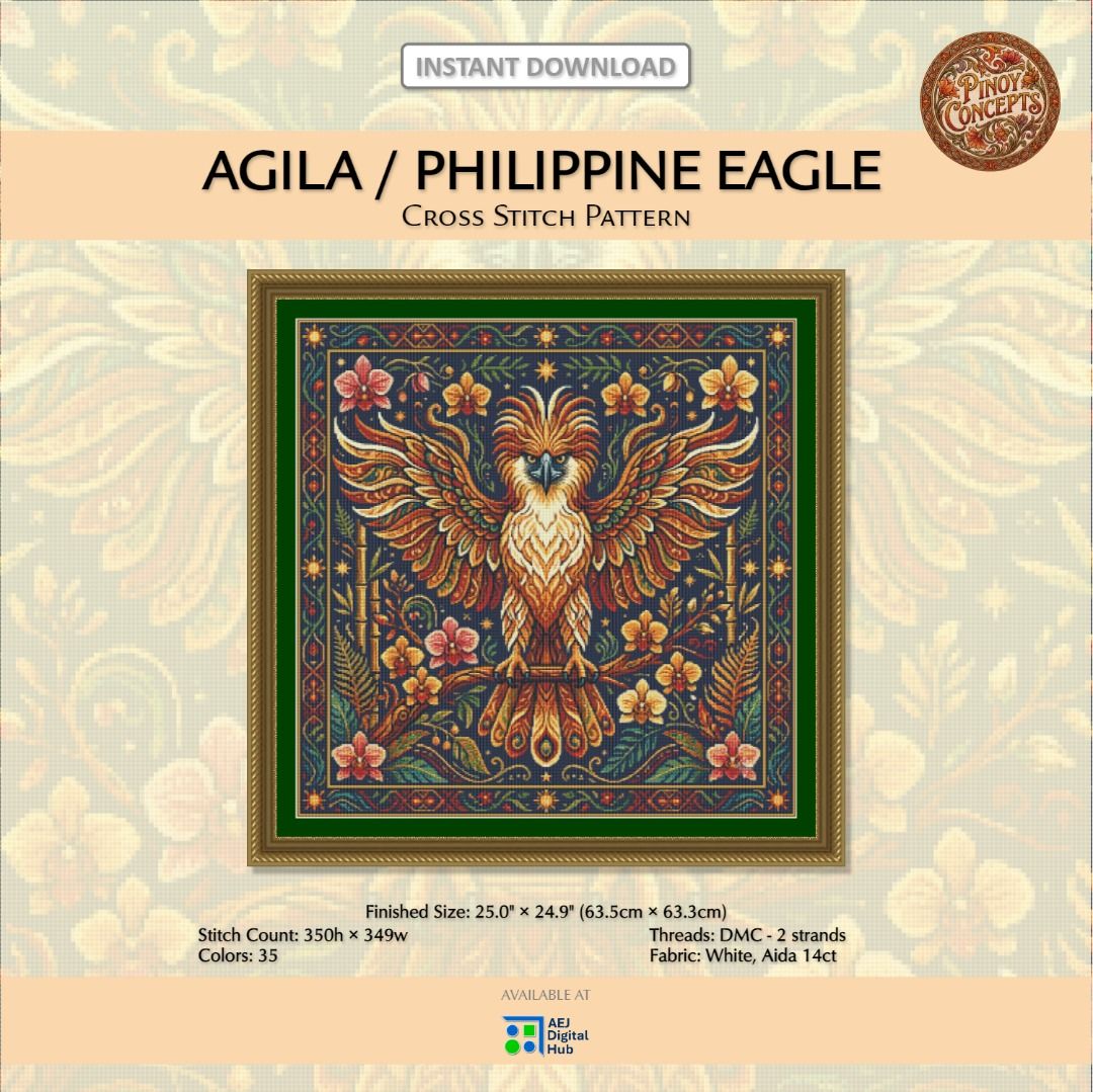 Agila / Philippine Eagle (Cross Stitch Pattern) - Pinoy Concepts Collection (Category: Art & Prints) located in Imus. Submitted by aejdigitalhub (Listing ID 1450099711, Image 1). Description: Product Details: 🛒 Product ID: XS-202602 📁 Format: .pdf (Portable Document Format) 💾 Tracker App Compatibility: Pattern Keeper, Markup R-XP, Cross Stitch Paradise, Cross Stitch Saga ⏬ Availability: Instant digital download (no physical item) 📏 Print Dime