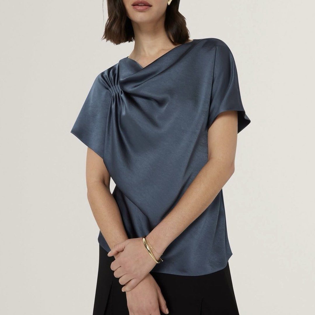 Size 2: Ted Baker Asymmetrical Draped Blouse Top (Category: Blouses) located in Kuala Lumpur. Submitted by wasabi_sushi (Listing ID 1449975805, Image 1). Description: Crafted from premium satin, this short-sleeve top features an elegant asymmetrical draped neckline. Effortless style with a luxe, fluid finish. 100% polyester Size 2: 2: Bust 96, Length 61.
