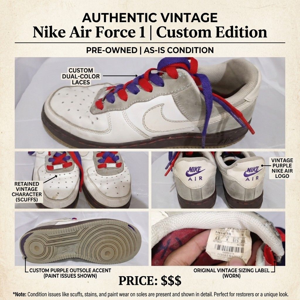 Authentic Vintage Nike Air Force 1 Custom Edition (Category: Sneakers) located in Manila. Submitted by things4grabs (Listing ID 1450086691, Image 1). Description: - Authentic vintage Nike Air Force 1s - Custom edition with dual-color laces - Custom purple outsole accent (paint imperfections visible) - Retains vintage character with scuffs and wear - Vintage purple Nike Air logo on the heel - Original vintage sizing label is worn - Ideal for colle