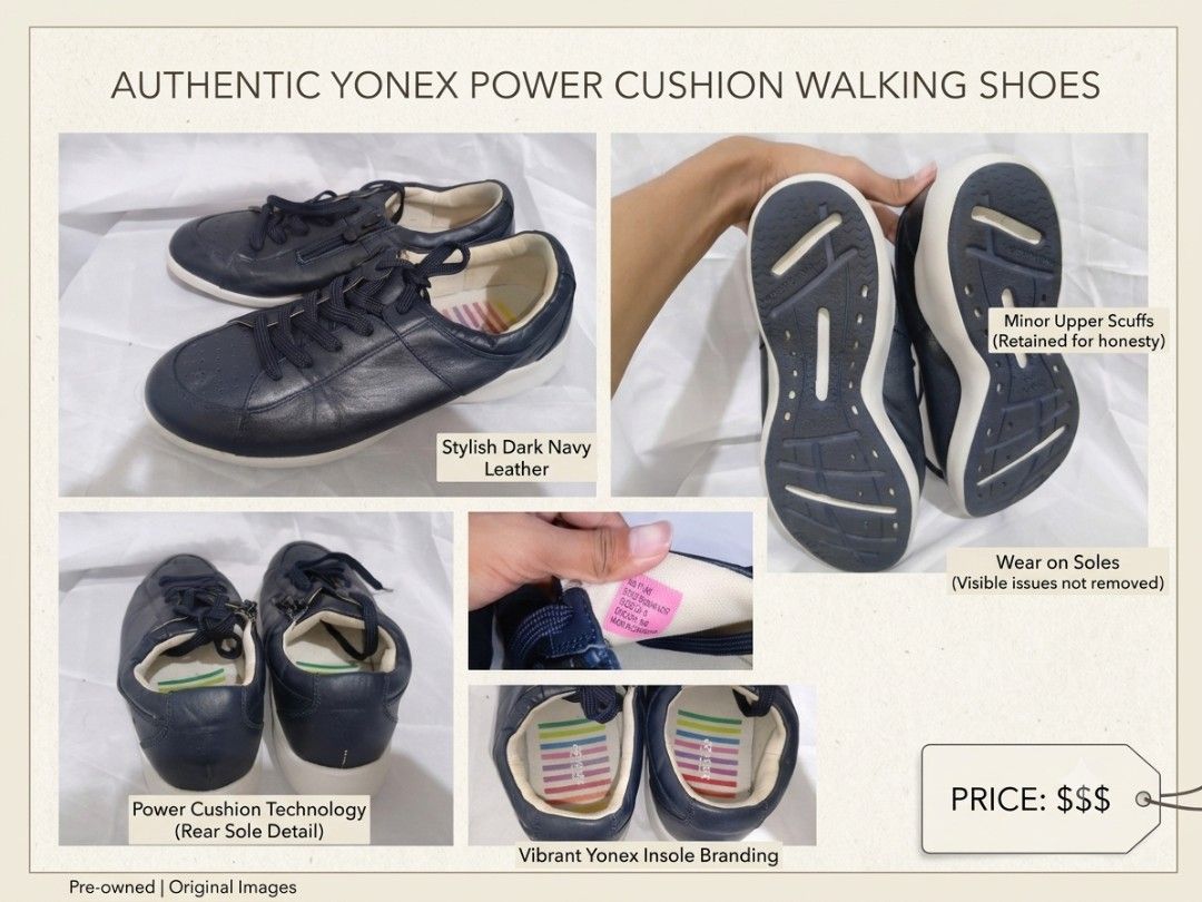 Authentic Yonex Power Cushion Walking Shoes (Category: Sneakers) located in Manila. Submitted by things4grabs (Listing ID 1450086783, Image 1). Description: - Stylish dark navy leather walking shoes - Features Yonex Power Cushion technology for superior comfort - Vibrant Yonex insole branding - Minor scuffs on the upper and wear on the soles (please refer to provided images) - Original images included for accurate representation.