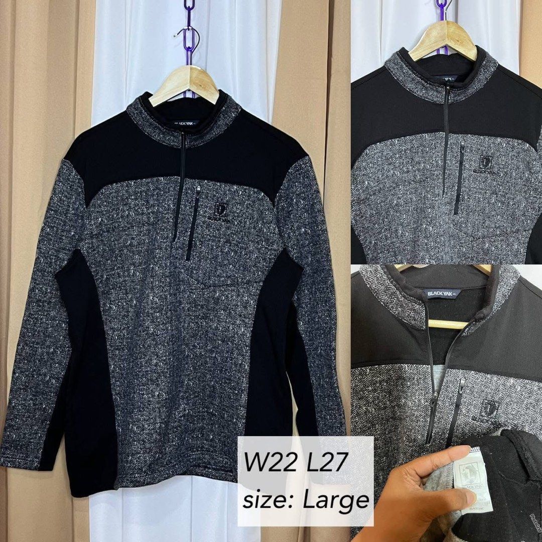 Black Yak Half Zip Sweatshirt - Size Large (Category: Coats, Jackets and Outerwear) located in Kidapawan. Submitted by azythrift (Listing ID 1450100744, Image 1). Description: - Brand: Black Yak - Color: Grey and black speckled - Style: Half-zip sweatshirt - Features: Zippered chest pocket, stand-up collar - Size: Large - Ideal for: Comfortable and stylish everyday wear.
