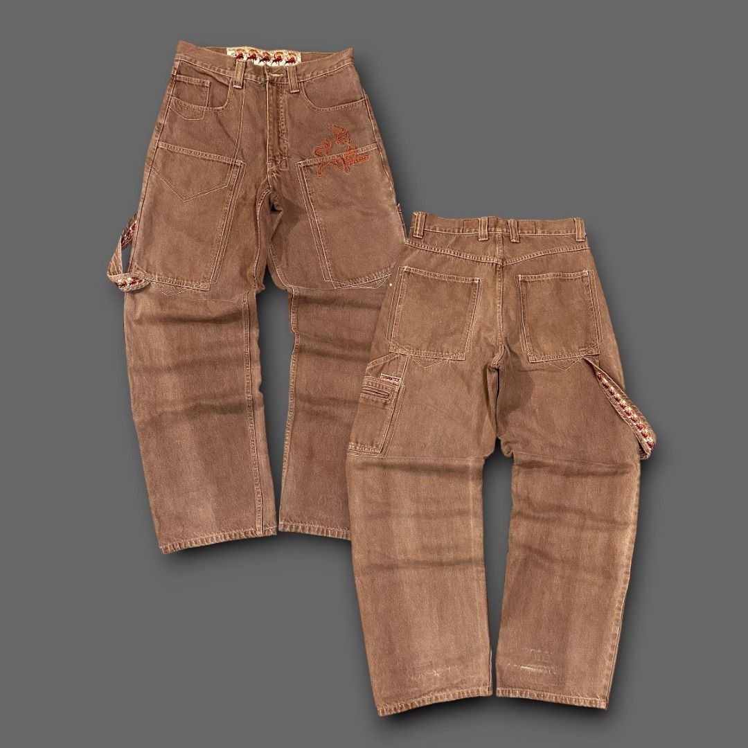 Brown Carpenter Jeans with Orange Embroidery (Category: Jeans) located in Pasig City. Submitted by postrano.harvey (Listing ID 1450031610, Image 3). Description: Vintage Paco Double Knee Pants Waist: 31" Length: 37" Leg opening: 9.5" Condition: 9/10 Color rate: 9/10 Issue: None DM to purchase..
