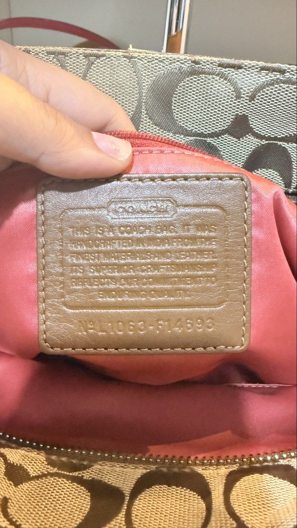 Coach Monogram Canvas Leather Trim Tote Bag (Category: Luxury Bags & Wallets) located in Taguig. Submitted by sonsing (Listing ID 1450134521, Image 2). Description: - Classic Coach tote bag - Signature monogram canvas - Brown leather trim and handles - Front zippered pocket - Interior with pink lining - Leather creed with serial number - Spacious for essentials - Great everyday bag.