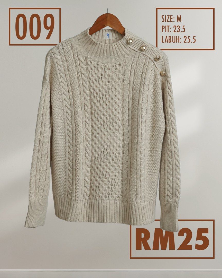 Cream Cable Knit Mock Neck Sweater with Button Detail (Category: Longsleeves) located in Petaling Jaya. Submitted by prelovedbynrulathirah (Listing ID 1449963066, Image 1). Description: - Cream cable knit sweater - Mock neck with button detail on shoulder - Long sleeves with ribbed cuffs and hem - Relaxed fit with side slits - Size: M - Measurements: Pit to pit 23.5 inches, Length 25.5 inches.
