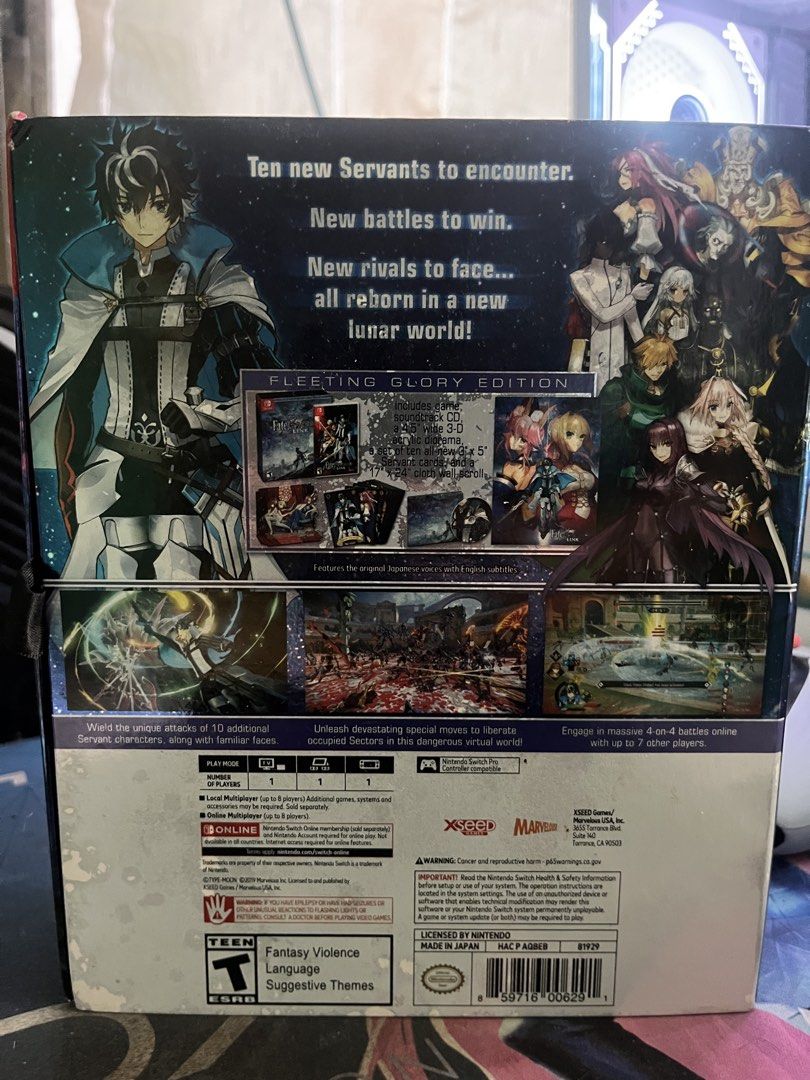 Fate extello link fleeting glory edition (Category: Nintendo) located in Kalibo. Submitted by randomclutererrrrrr (Listing ID 1450025561, Image 2). Description: Fate extello link fleeting glory edition for the nintendo switch box has slight damage and dents and glue residue has worn off. Aside from that everything is complete and in good condition Loc: kalibo aklan Mop: gcash Mod: lbc cop.