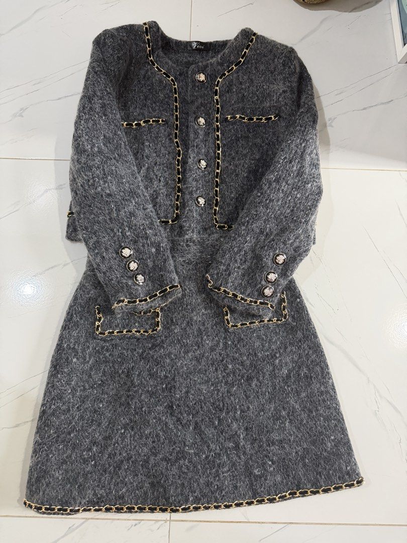 Grey Tweed Knit Jacket and Skirt Set (Category: Sets or Coordinates) located in Rizal. Submitted by milktoasttt (Listing ID 1450031969, Image 2). Description: - Brandnew - Best fit s-m - Skirt size: 28 - No issue.