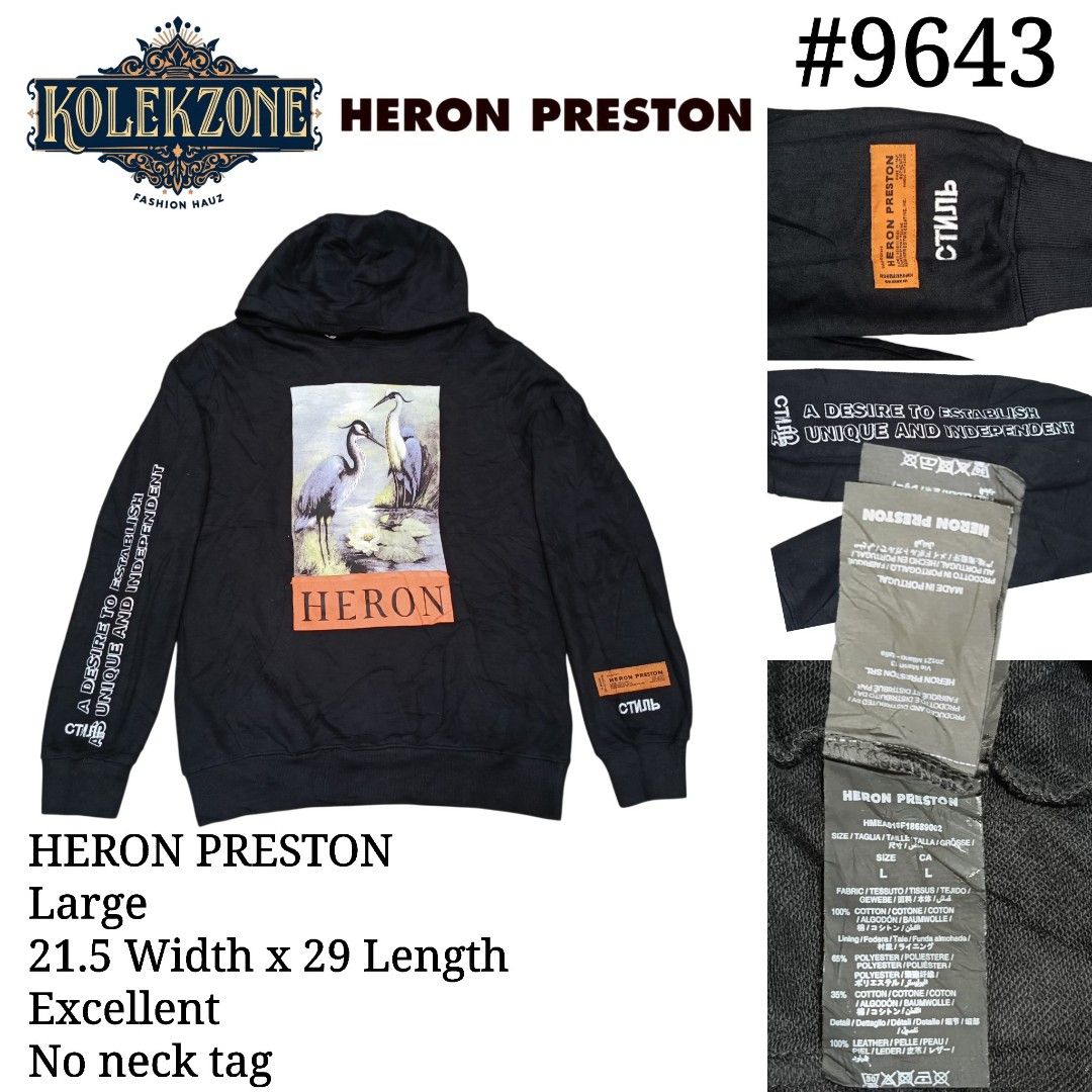 Heron Preston Black Hoodie Large (Category: Hoodies) located in Santa Maria. Submitted by staffpicks1515 (Listing ID 1449976831, Image 1). Description: - Heron Preston Black Hoodie - Features a striking graphic print on the back - Text detailing on the sleeves - Measurements: 21.5 inches width, 29 inches length - Note: No neck tag included - Condition: Great.