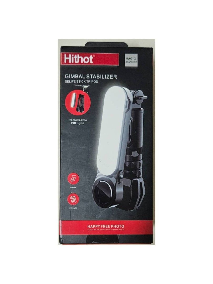 Hithot Q9 （分類：固定器及支架）位於 Hong Kong。 由 buyershop8888 提交（商品編號 1450069095，圖片 1）。簡介： 100%全新未開封 1) 材質:ABS+鋁合金 2) 超級防抖自拍雲台 3)可折疊自拍杆三腳架 4) 可拆卸遙控器 5) 風景/肖像/夢幻空間模式 6) 可拆卸補光燈 可作自拍打燈之用 7) LED燈:3款 8) 燈亮度:3000K-6000K 9) 藍牙版本 4.0 10) 兼容:IOS 5.1以上版本 & Andrioid4.4 以上版本 11) 產品尺寸:約158.5x61x75mm 12) 可延伸尺吋:約700mm 13) 重量:約235g 14) 顏色:黑色。