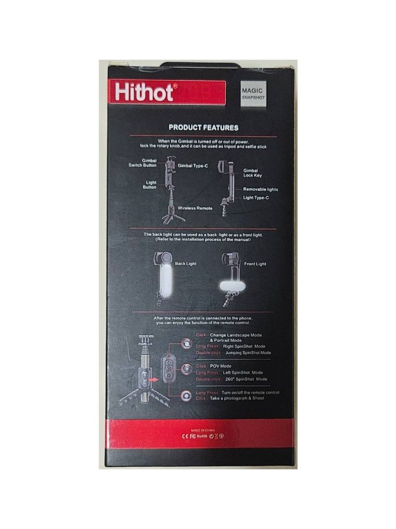Hithot Q9 （分類：固定器及支架）位於 Hong Kong。 由 buyershop8888 提交（商品編號 1450069095，圖片 2）。簡介： 100%全新未開封 1) 材質:ABS+鋁合金 2) 超級防抖自拍雲台 3)可折疊自拍杆三腳架 4) 可拆卸遙控器 5) 風景/肖像/夢幻空間模式 6) 可拆卸補光燈 可作自拍打燈之用 7) LED燈:3款 8) 燈亮度:3000K-6000K 9) 藍牙版本 4.0 10) 兼容:IOS 5.1以上版本 & Andrioid4.4 以上版本 11) 產品尺寸:約158.5x61x75mm 12) 可延伸尺吋:約700mm 13) 重量:約235g 14) 顏色:黑色。