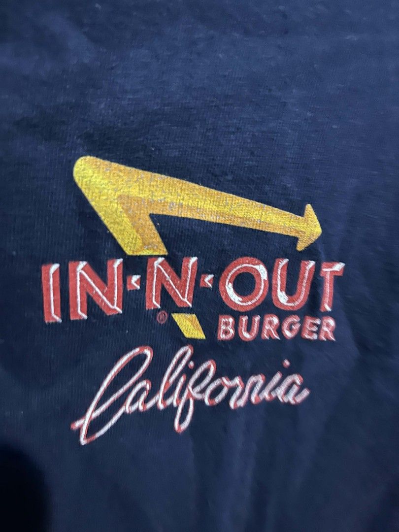 In N Out Navy Blue Shirt (Category: Tshirts & Polo Shirts ) located in Munoz. Submitted by mrkcl_ (Listing ID 1450090535, Image 2). Description: -Small 27x18 -Well used condition -9.5 Color rate -Minor hairline on front print .