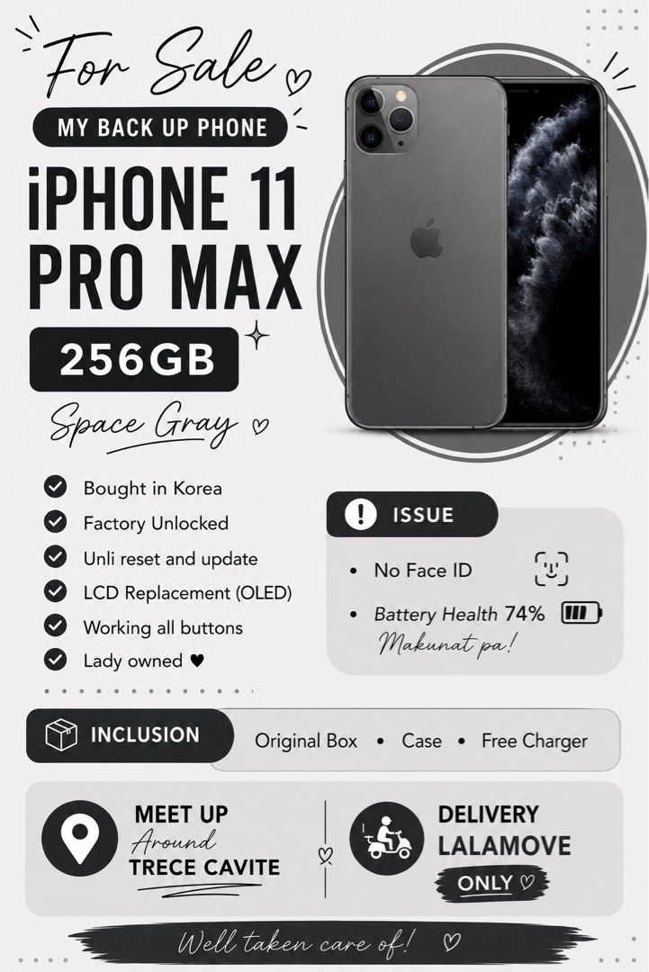 Iphone 11 pro max 256gb (Category: iPhone 11 Series) located in Cavite. Submitted by rhein_c (Listing ID 1450091209, Image 1). Description: RUSH SALE ISSUE NASA PIC NA.