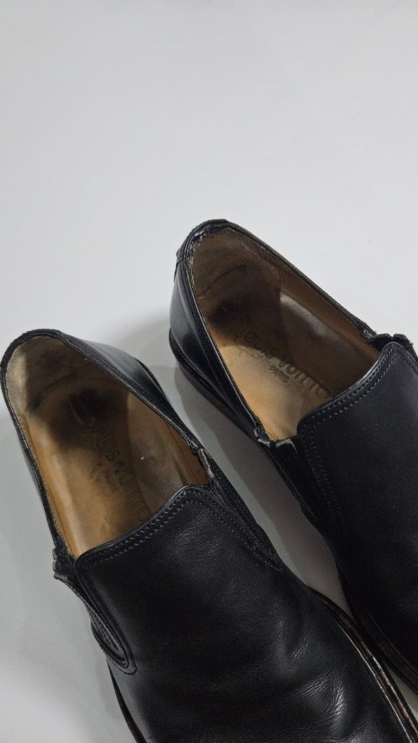 Louis Vuitton Black Leather Square Toe Loafers (Category: Sneakers & Footwear) located in Alfonso. Submitted by jbcamet (Listing ID 1450083011, Image 2). Description: - Authentic Louis Vuitton black leather loafers - Chic square toe design - Easy slip-on style - Perfect for both casual and formal occasions.