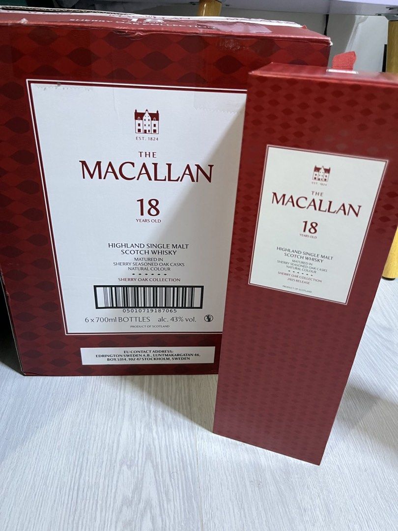Macallan 18 (Category: Beverages) located in Mandaluyong City. Submitted by luxeph (Listing ID 1450129900, Image 1). Description: - The Macallan 18 Years Old Highland Single Malt Scotch Whisky - Matured in sherry seasoned oak casks - Natural colour - Part of the Sherry Oak Collection - Includes original box - Ideal for whisky collectors.