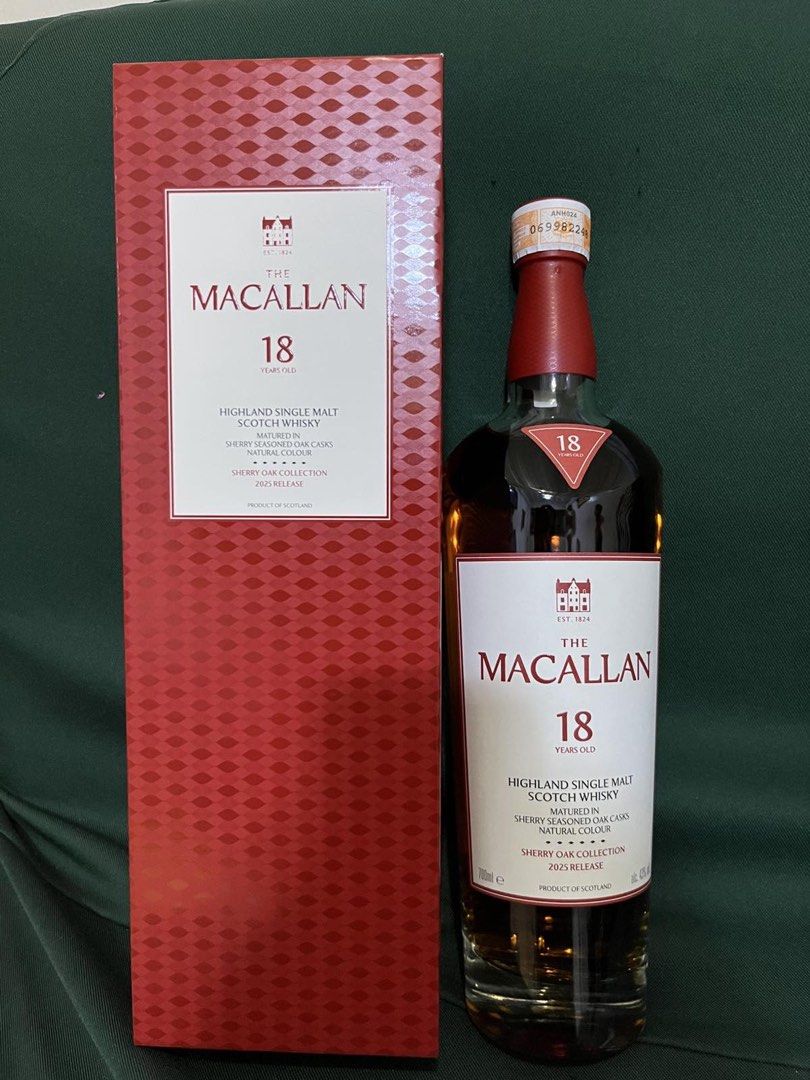Macallan 18 (Category: Beverages) located in Mandaluyong City. Submitted by luxeph (Listing ID 1450129900, Image 2). Description: - The Macallan 18 Years Old Highland Single Malt Scotch Whisky - Matured in sherry seasoned oak casks - Natural colour - Part of the Sherry Oak Collection - Includes original box - Ideal for whisky collectors.