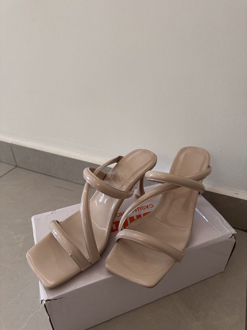 Nude Strappy Square Toe Heels (Category: Heels) located in Kuala Lumpur. Submitted by skyyy00 (Listing ID 1450108465, Image 2). Description: -Nude strappy heels -Size 38 -Comes with original box -Reason: size too big for me .