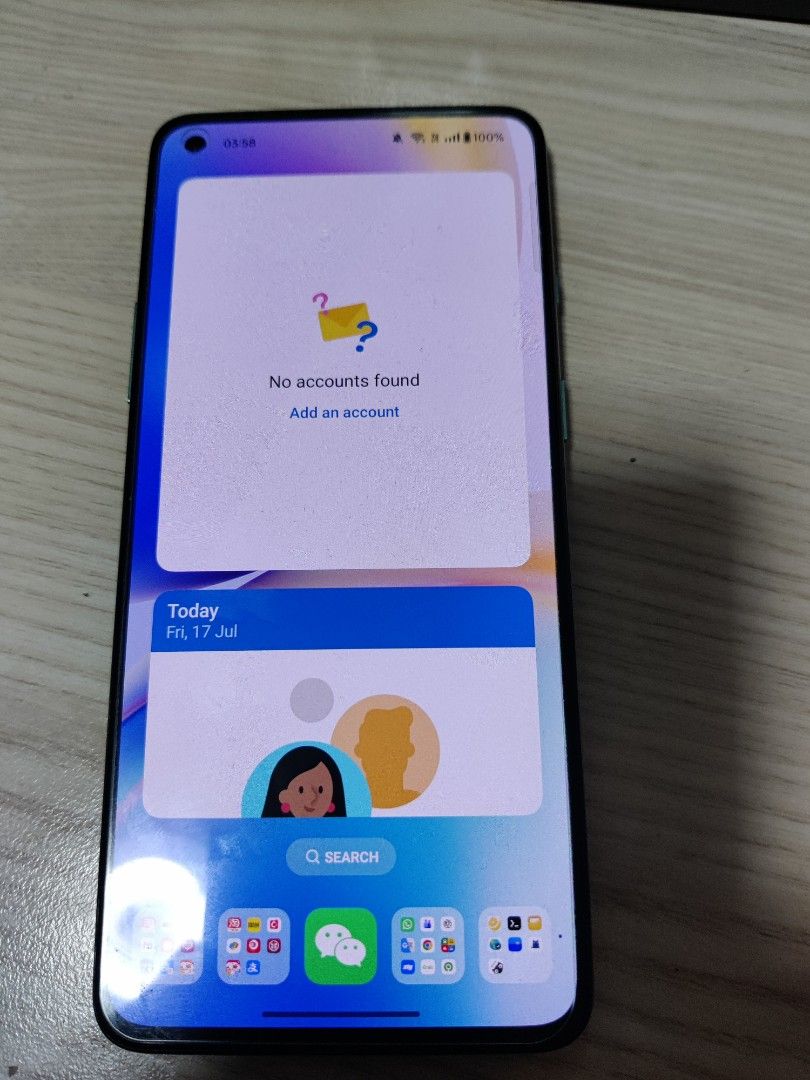 OnePlus (Category: OnePlus) located in Singapore. Submitted by 8761-2657-wa (Listing ID 1450128281, Image 1). Description: - OnePlus 8T Smartphone - Color: Aquamarine Green - 5G Capable - Screen displays 'No accounts found' - Sold as is - Feel free to ask any questions.