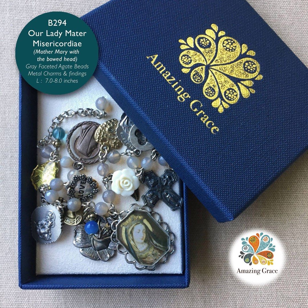Our Lady Mater Misericordiae Bracelet (Category: Bracelets) located in Caloocan City. Submitted by secretloot (Listing ID 1449979371, Image 2). Description: - Beautiful bracelet with gray faceted agate beads. - Features metal charms and findings, including “Our Lady Mater Misericordiae” (Mother Mary) pendant image. - Adjustable length: 7.0 to 8.0 inches. - Comes in an Amazing Grace gift box. - Ideal for gifting or personal wear..
