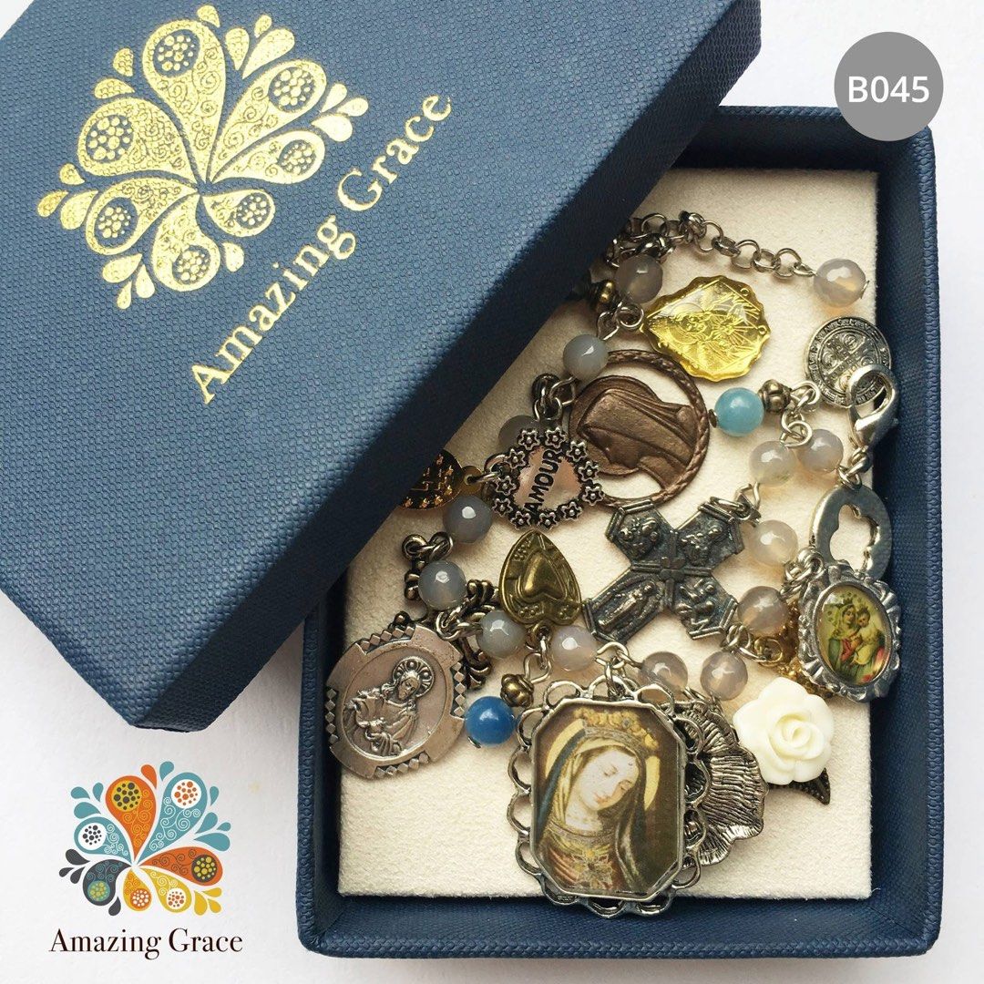 Our Lady Mater Misericordiae Bracelet (Category: Bracelets) located in Caloocan City. Submitted by secretloot (Listing ID 1449979371, Image 3). Description: - Beautiful bracelet with gray faceted agate beads. - Features metal charms and findings, including “Our Lady Mater Misericordiae” (Mother Mary) pendant image. - Adjustable length: 7.0 to 8.0 inches. - Comes in an Amazing Grace gift box. - Ideal for gifting or personal wear..
