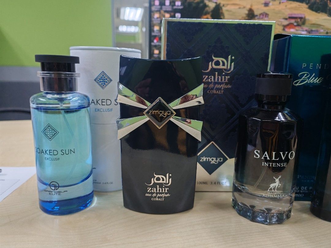 Perfume (Category: Fragrance & Deodorants) located in Shah Alam. Submitted by farreasttz (Listing ID 1450047224, Image 3). Description: 1. Soaken sun 95ml dupe lv after swim 2. Zimaya zahir 98ml dupe tom ford oud wood 3. Salvo intense 80 ml dupe of dior sauvage 4. Pendor blue 95ml dupe of versace eros 5. Toro pour homme 98ml dupe of terre d hermes 6. Imperium Absolute 95ml dupe roja elysium Lain2 perfume 5 pcs free plus postage free Hrga letak rm