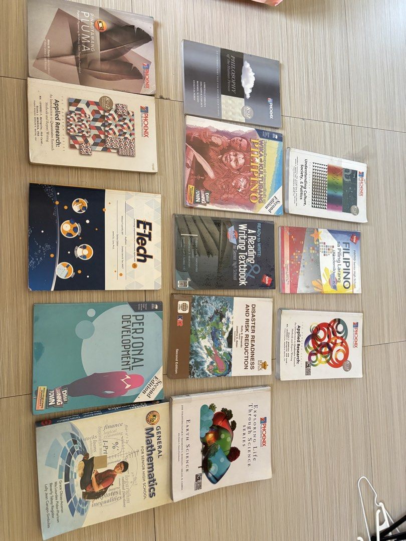 Phoenix Publishing Senior High School Textbooks (Category: Textbooks) located in Manila. Submitted by leedianne347841 (Listing ID 1450010345, Image 1). Description: - Bundle of Senior High School textbooks from Phoenix Publishing. - Subjects included: Philosophy, Filipino, Applied Research, E-Tech, Personal Development, Disaster Readiness and Risk Reduction, General Mathematics, and Earth Science. - Great for reference materials. - Some books are
