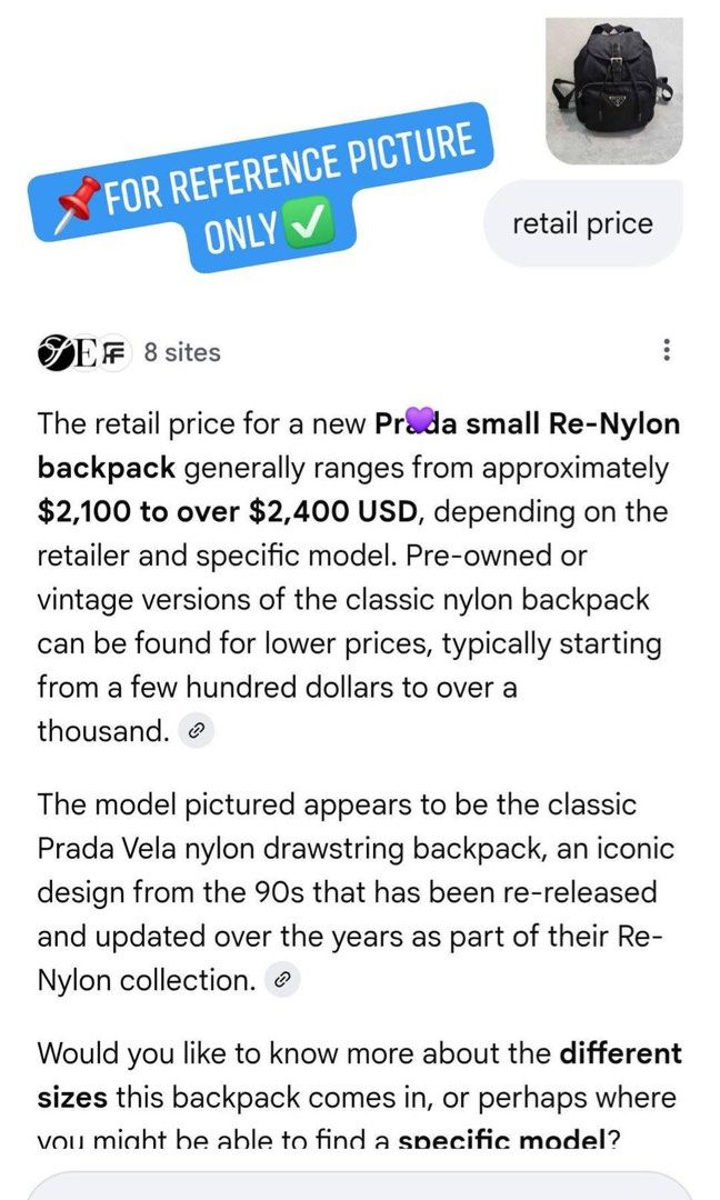 Prada Backpack Authentic💯 (Category: Luxury Bags & Wallets) located in Davao. Submitted by preloveditems21davao (Listing ID 1450022566, Image 3). Description: Medium size With generic dustbag.