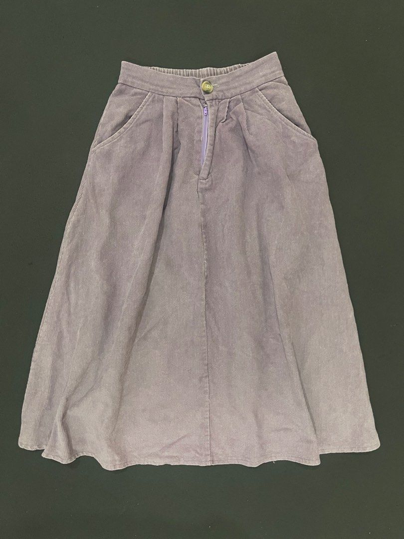 Purple Corduroy Skirt (Category: Skirts) located in Santa Cruz, Pampanga. Submitted by httpschayo (Listing ID 1450057875, Image 2). Description: Purple Corduroy Skirt Waist: “23 - “27 Length: “28 • medida sizing — garterized — button closure — working zipper — corduroy texture — the color may slightly change due to lighting note: may parang grease stains (can be seen in the picture). .