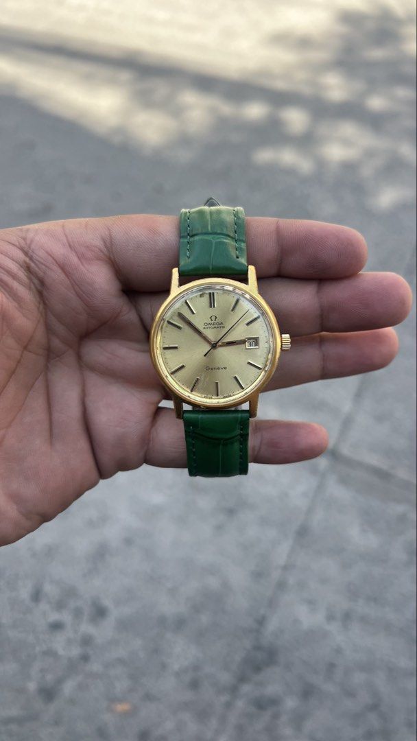 Rare Vintage Omega Geneve Automatic “Pine Gold” (Category: Luxury Watches) located in Caloocan City. Submitted by _alennchan (Listing ID 1450014765, Image 1). Description: Rare Vintage Omega Geneve Automatic “Pine Gold” - Cal 1481 - Condition: 9.6/10 - No issue - Emerald green Leather Strap - Original Omega Buckles - Case size approx 37mm including crown - Ref. 166.0098 - Automatic Movement - Comes with replacement box Inclusions: Replacement box