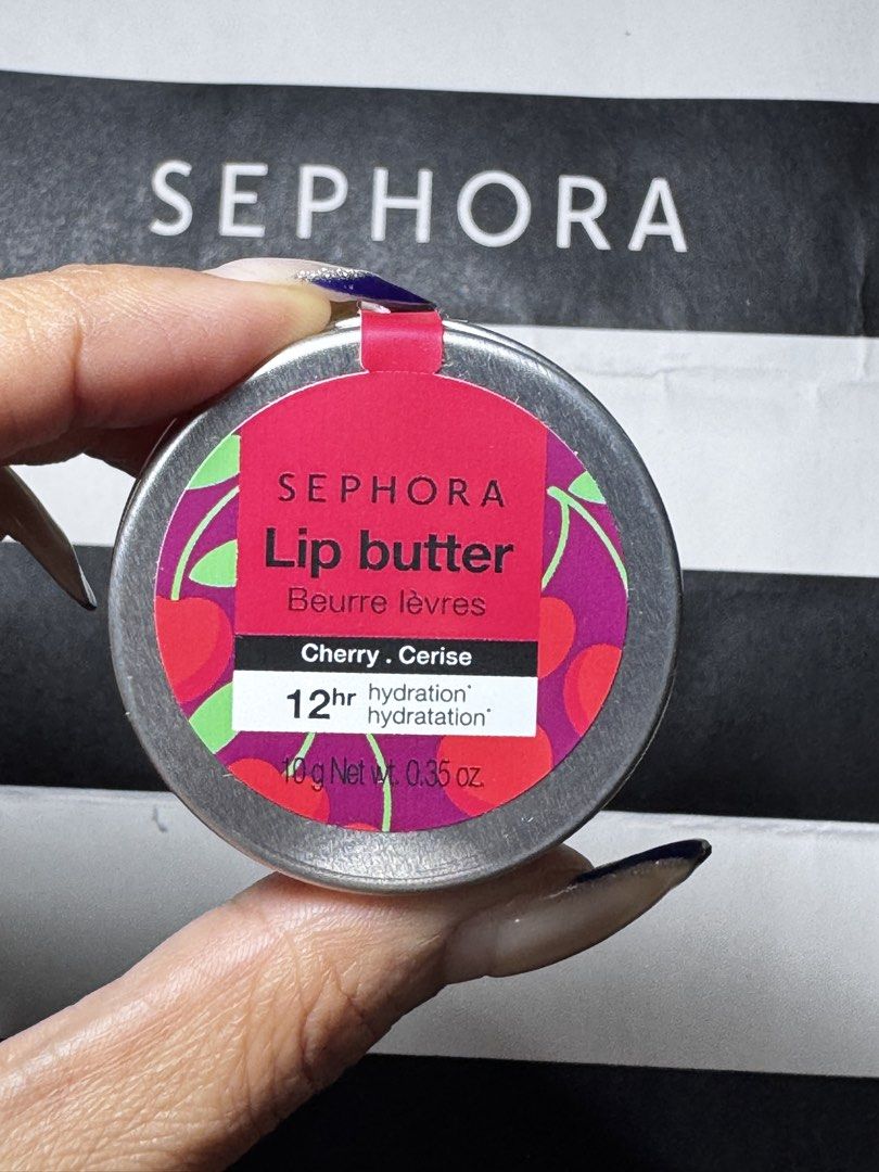 Sephora Lip Butter Cherry 12hr Hydration (Category: Makeup) located in Manila. Submitted by rustmakeupinc (Listing ID 1450094301, Image 2). Description: - Sephora Lip Butter in Cherry flavor - Provides 12 hours of hydration - Comes in a convenient, small tin for easy carrying - Keeps lips soft and moisturized - Net weight: 10g / 0.35 oz.