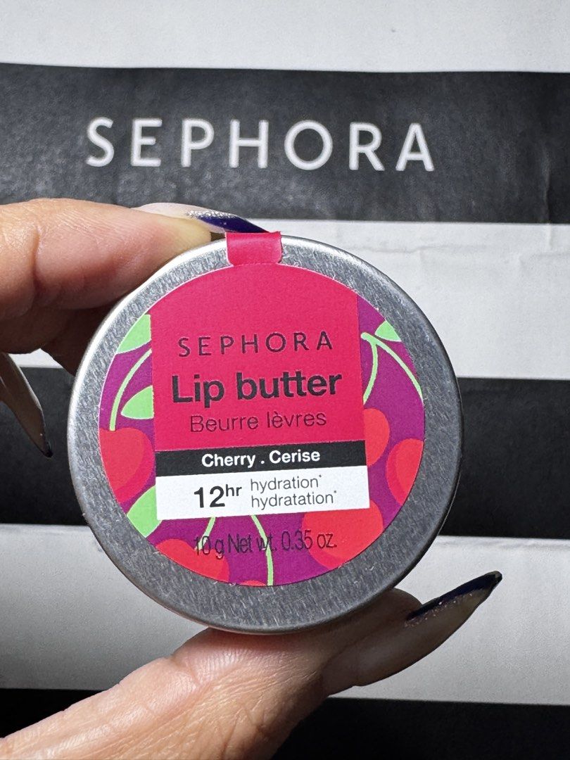 Sephora Lip Butter Cherry 12hr Hydration (Category: Makeup) located in Manila. Submitted by rustmakeupinc (Listing ID 1450094301, Image 1). Description: - Sephora Lip Butter in Cherry flavor - Provides 12 hours of hydration - Comes in a convenient, small tin for easy carrying - Keeps lips soft and moisturized - Net weight: 10g / 0.35 oz.