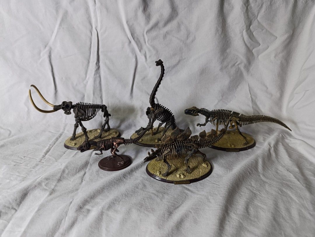 Set of 5 Dinosaur Skeleton Models with Bases (Category: Figurines & Statues) located in Marikina City. Submitted by beeeekenneth (Listing ID 1449956083, Image 2). Description: -Vintage Collection of detailed dinosaur skeleton models. - Includes popular dinosaurs like Tyrannosaurus Rex and Brachiosaurus, plus a Mammoth (lost tail) - Each model comes mounted on its own display base. - Ideal for dinosaur enthusiasts, collectors, or educational use. 