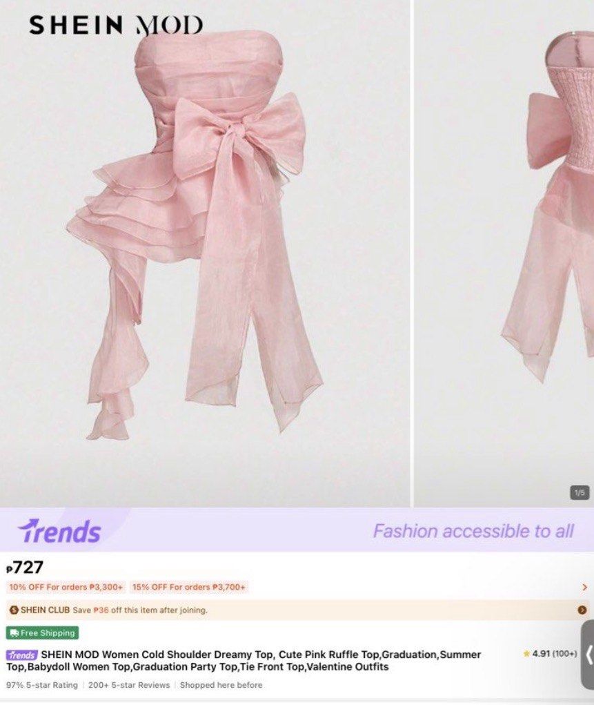 SHEIN MOD Pink Ruffle Bow Strapless Top L (Category: Sleeveless) located in Quezon City. Submitted by didcluttered (Listing ID 1450022627, Image 1). Description: - SHEIN MOD pink strapless top - Size: L - Smocked back for a secure fit - Large bow detail with ruffled layers - Ideal for parties or a night out.