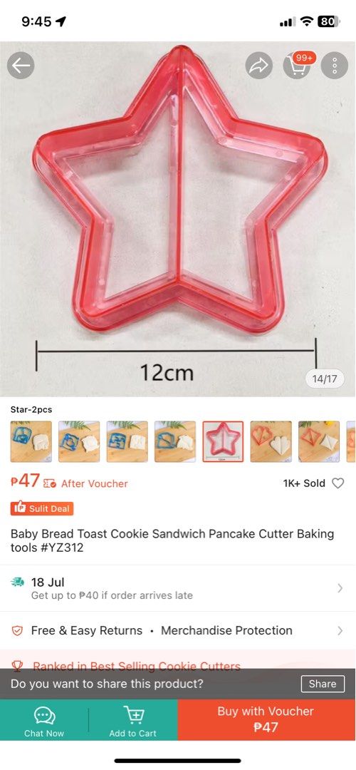 Star Shaped Cookie Cutter Baking Tools (12cm) (Category: Bakeware) located in Cavite. Submitted by rogernjoean (Listing ID 1450087260, Image 1). Description: - Star-shaped cutter, perfect for cookies, bread, pancakes, and sandwiches. - Measures 12cm in size. - Ideal for creating fun shapes for kids' lunches or baking projects. - Simple to use and easy to clean. - Unleash your creativity in the kitchen!.