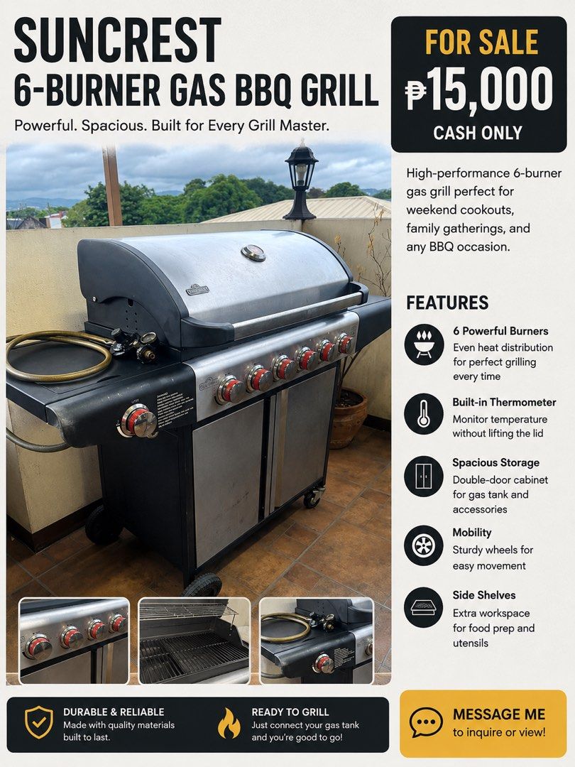 Sun Crust 6-Burner Gas BBQ Grill (Category: BBQ, Grills & Hotpots) located in Cainta. Submitted by xoxo_0924 (Listing ID 1449962912, Image 2). Description: - Powerful 6-burner gas BBQ grill - Ideal for cookouts and family gatherings - Built-in thermometer for temperature monitoring - Spacious double-door cabinet for storage - Sturdy wheels for easy mobility - Convenient side shelves for extra workspace - Durable and reliable construction.