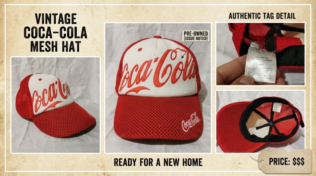 Vintage Coca-Cola Mesh Trucker Hat (Category: Caps & Hats) located in Manila. Submitted by things4grabs (Listing ID 1450086477, Image 1). Description: - Classic red and white Coca-Cola mesh hat - Perfect for any Coca-Cola fan - Shows some signs of wear, as detailed in photos - Authentic tag included - Ready for a new home.