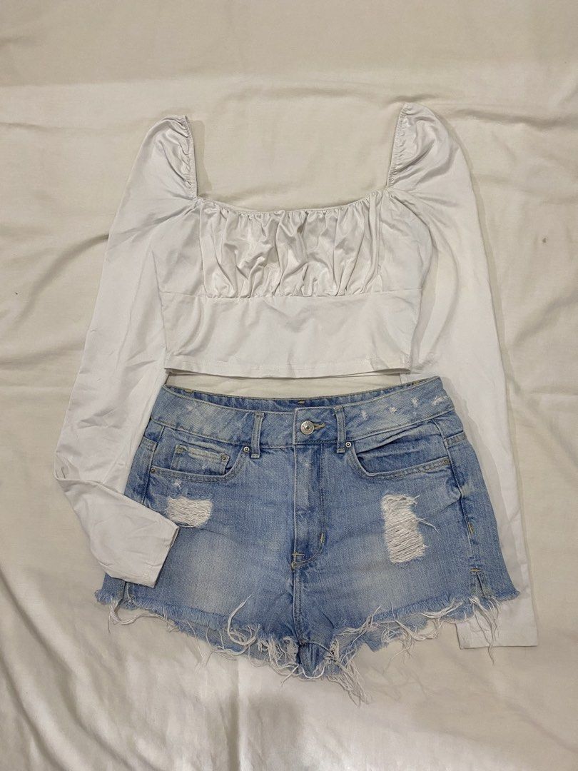 White Ruched Square Neck Top & Distressed Denim Shorts (Category: Sets or Coordinates) located in General Santos City (Dadiangas). Submitted by amae.threads_0117 (Listing ID 1450088462, Image 1). Description: - White long-sleeve top with ruched square neckline - Light wash distressed denim shorts with frayed hem - Trendy and versatile pieces - Ideal for casual day or night out.