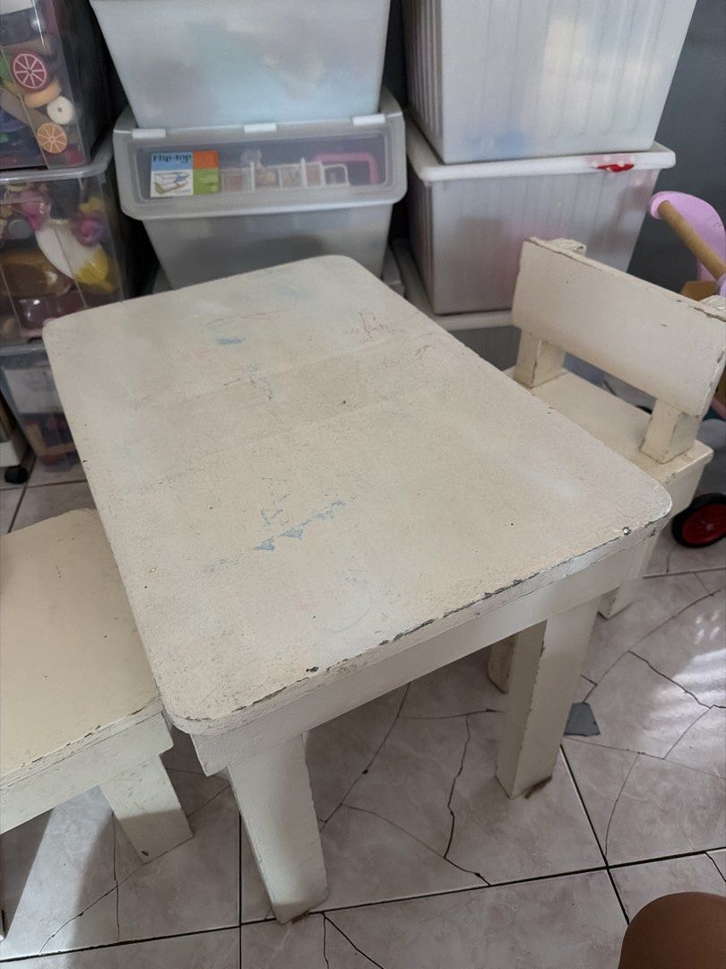 Wooden Kids Table and 2 Chairs Set (Category: Kids Tables & Chairs) located in Manila. Submitted by anyasab2018 (Listing ID 1449988946, Image 2). Description: - Sturdy wooden table and 2 chairs set for kids - Perfect for playtime, arts & crafts, or study time - Shows some signs of use (e.g., crayon marks), but still very functional - Great addition to any playroom or nursery -material is solid wood - Ready for its next adventure in a new home!.