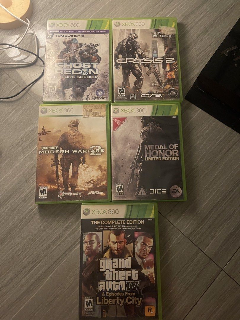 Xbox 360 Games: Take al (Category: PlayStation) located in Manila. Submitted by skirtttz (Listing ID 1450112536, Image 1). Description: - Xbox 360 Game Bundle - Includes: Tom Clancy's Ghost Recon Future Soldier, Crysis 2, Call of Duty Modern Warfare 2, Medal of Honor Limited Edition, Grand Theft Auto IV The Complete Edition - All discs are for Xbox 360 Take all for 600 pesos Mall of asia meetup or lalamove.