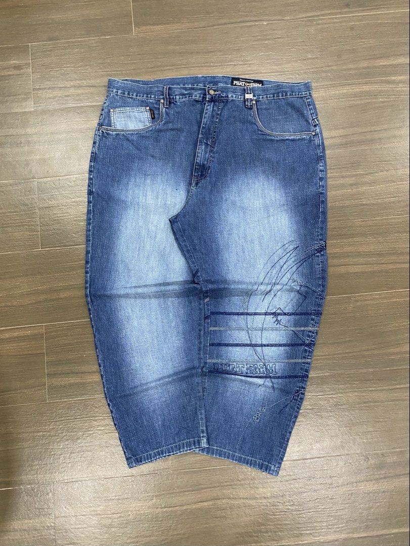 Y2K PHAT FARM EMBROIDERED | LIGHT WASHED, WIDE POCKETS (Category: Jeans) located in General Santos City (Dadiangas). Submitted by project.fromera (Listing ID 1450039908, Image 1). Description: PHAT FARM W: 44 L: 43 T: 17.5 H: 9 Excelleng condition 2 minimal holes .