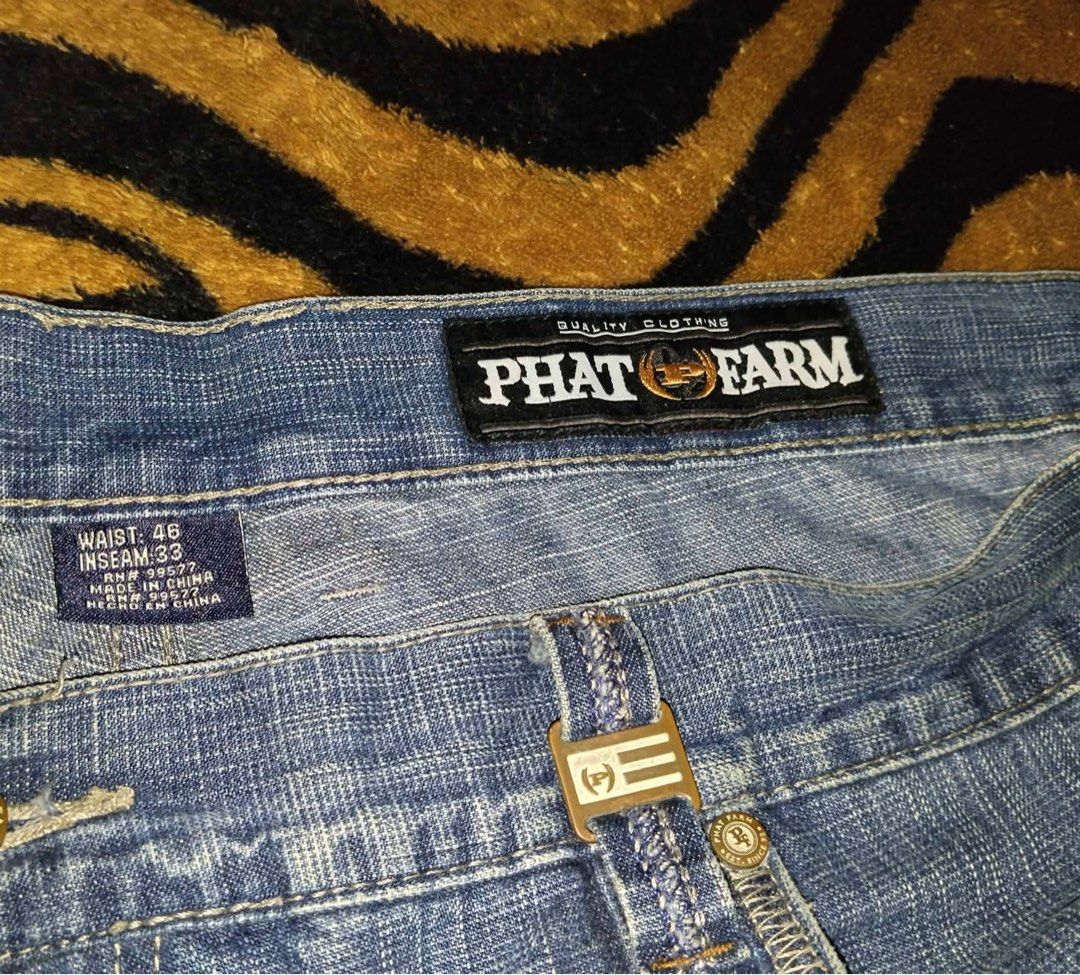 Y2K PHAT FARM EMBROIDERED | LIGHT WASHED, WIDE POCKETS (Category: Jeans) located in General Santos City (Dadiangas). Submitted by project.fromera (Listing ID 1450039908, Image 3). Description: PHAT FARM W: 44 L: 43 T: 17.5 H: 9 Excelleng condition 2 minimal holes .